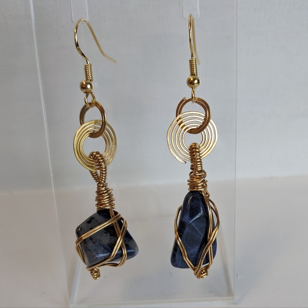 Sodalite Crystals Earrings Gold Hoops Wire Wrapped Handmade Crystals Gemstone - Picture 8 of 16